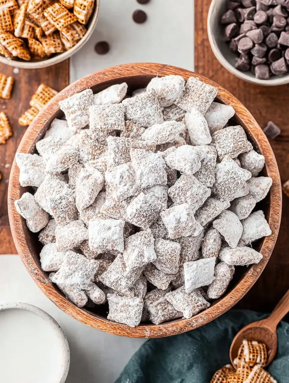 A bowl of powdered sugar coated Puppy Chow (Muddy Buddies) snack mix