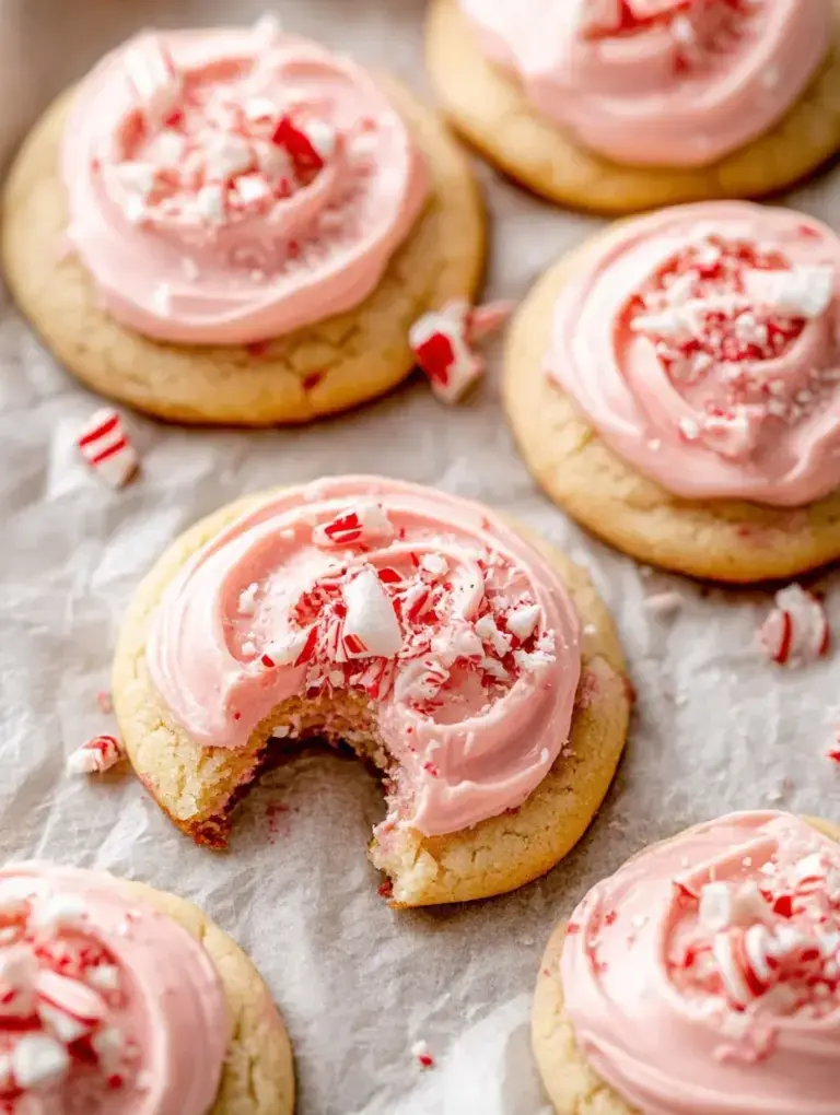 Soft white Peppermint Meltaways topped with pink frosting and crushed candy canes on a holiday tray