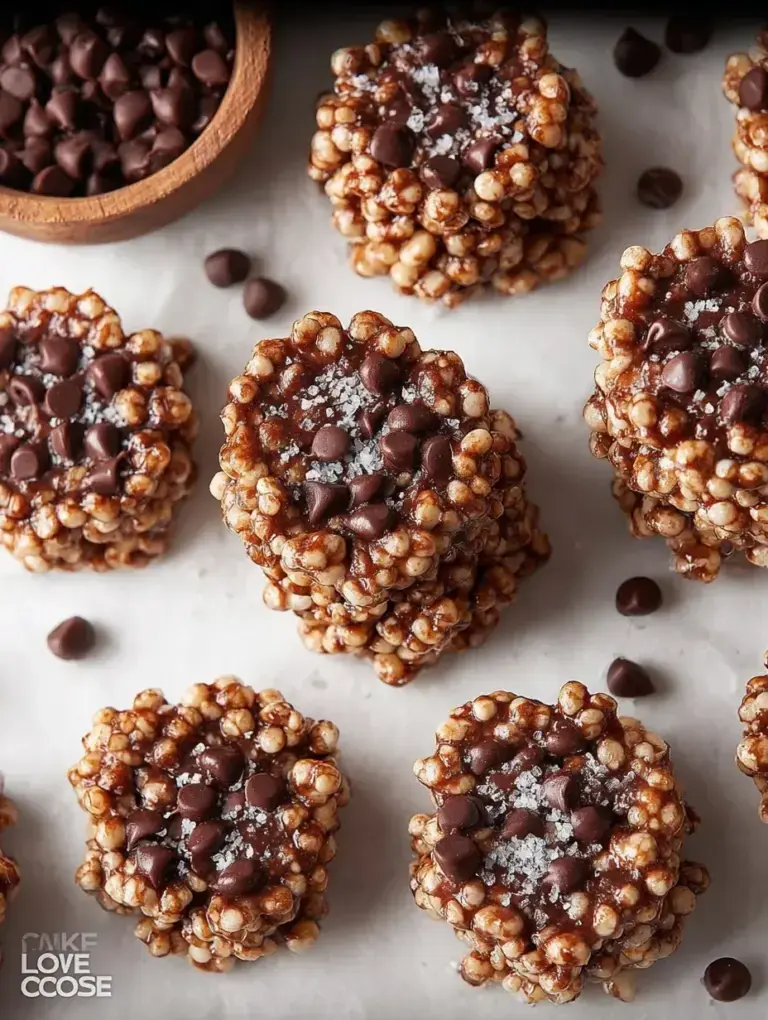 Small clusters of dark chocolate quinoa crisps topped with flaky sea salt on a parchment lined tray