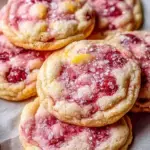 A stack of soft Raspberry Lemonade Cookies drizzled with white lemon glaze on a wire rack