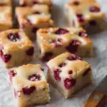 Freshly baked Raspberry White Chocolate Blondies sliced into squares on a cooling rack