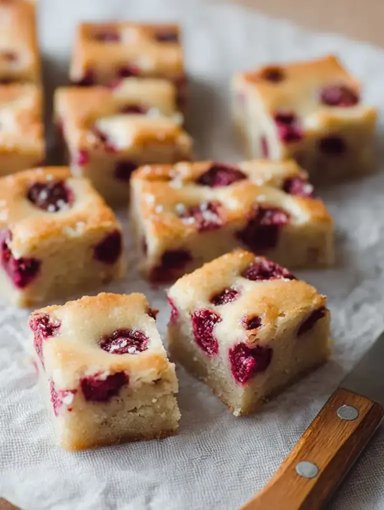 Freshly baked Raspberry White Chocolate Blondies sliced into squares on a cooling rack