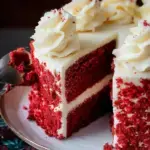 A beautiful layered Red Velvet Cake with smooth white cream cheese frosting on a cake stand