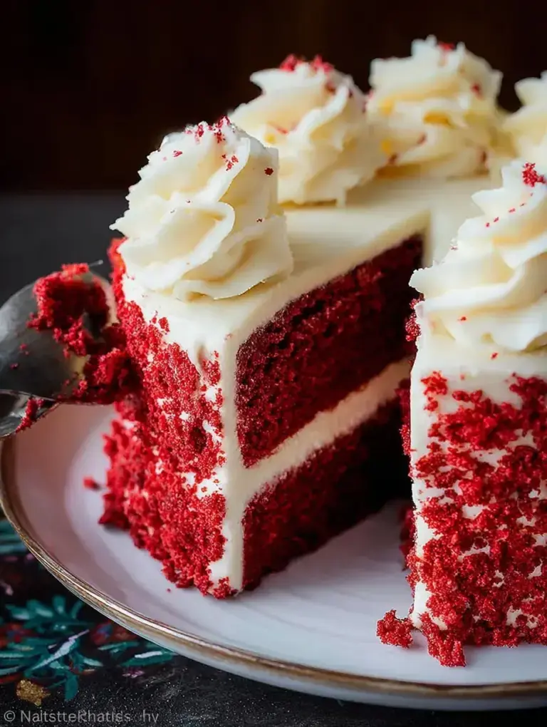 A beautiful layered Red Velvet Cake with smooth white cream cheese frosting on a cake stand