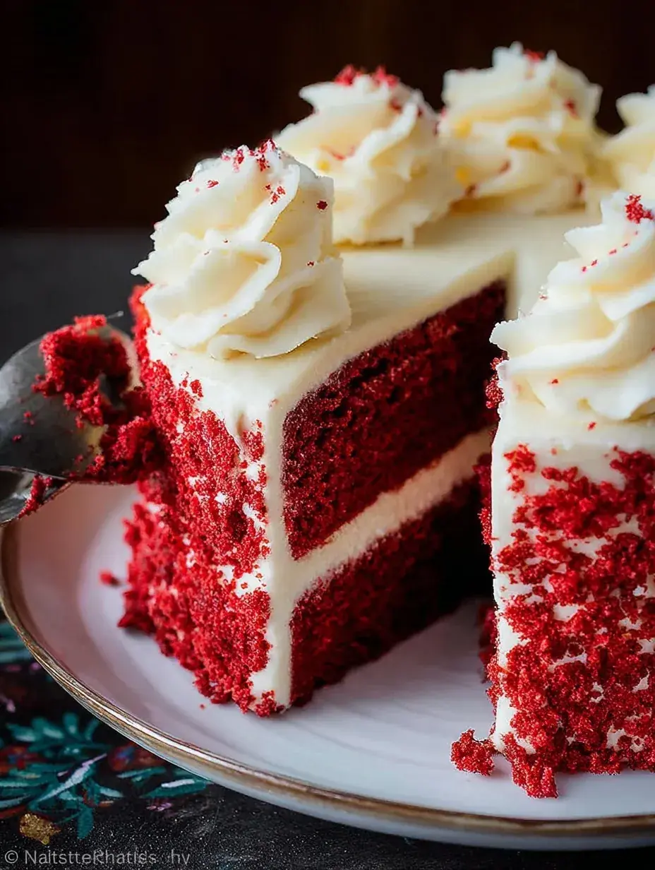 A beautiful layered Red Velvet Cake with smooth white cream cheese frosting on a cake stand