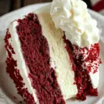 A towering slice of Copycat Cheesecake Factory Red Velvet Cheesecake with white chocolate shavings on a plate.