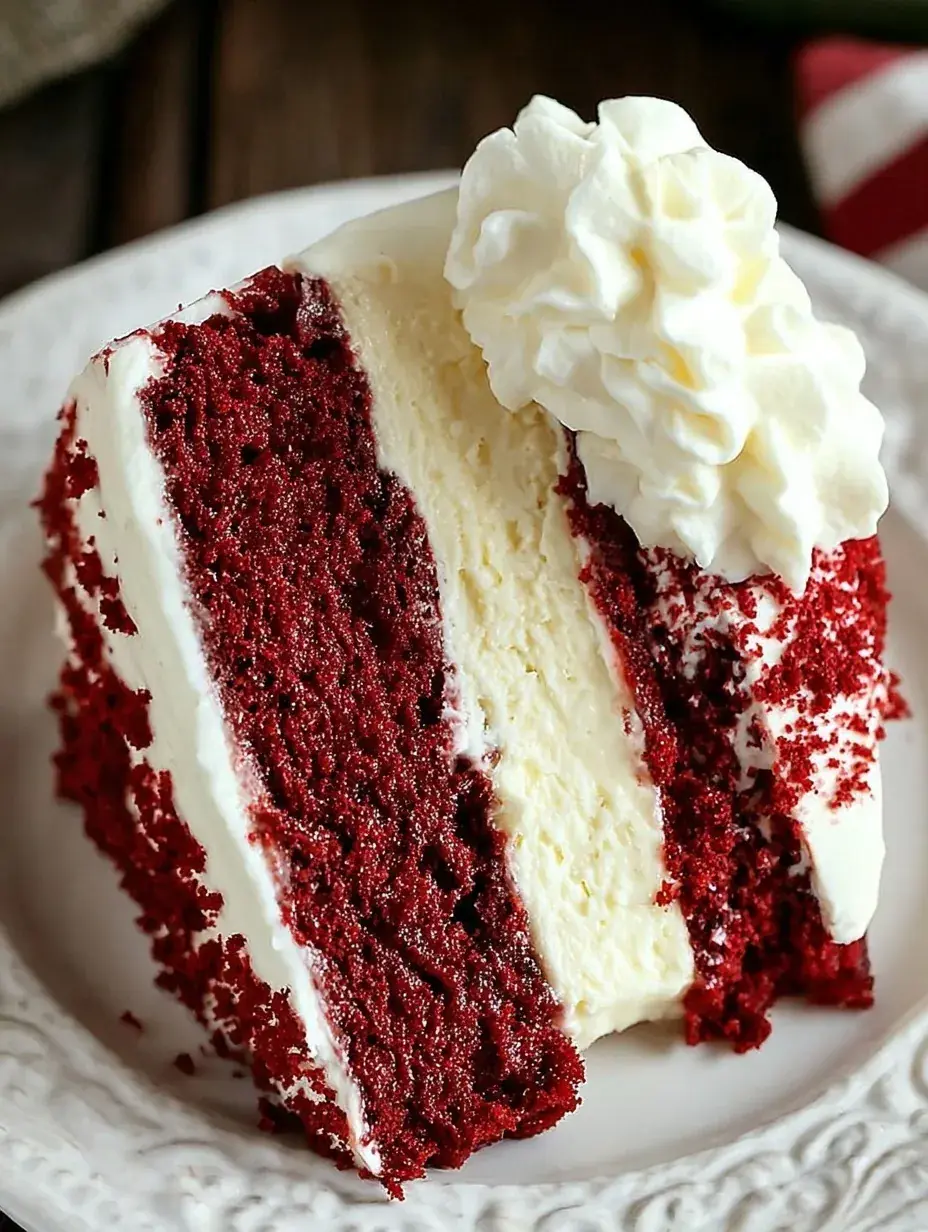 A towering slice of Copycat Cheesecake Factory Red Velvet Cheesecake with white chocolate shavings on a plate.