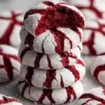 A plate of bright Red Velvet Crinkle Cookies with white powdered sugar cracks