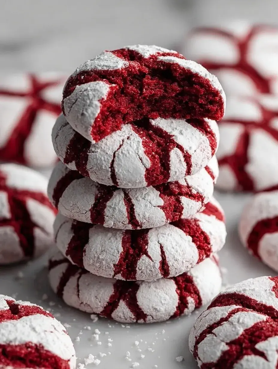 A plate of bright Red Velvet Crinkle Cookies with white powdered sugar cracks