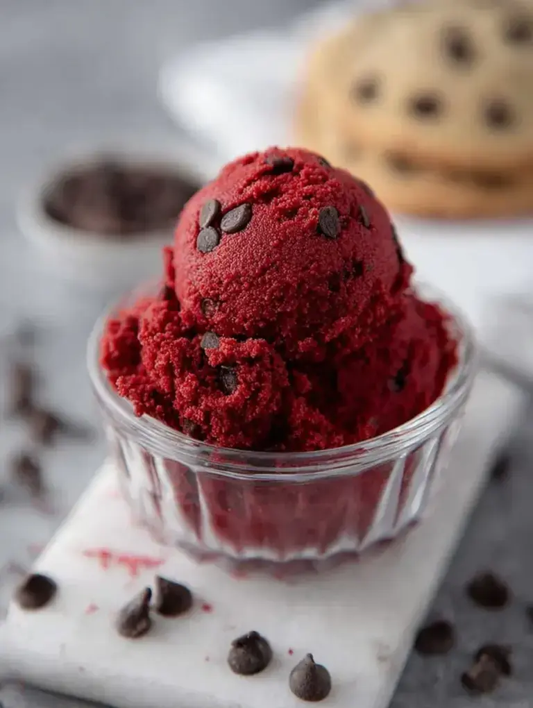 A bowl of vibrant Red Velvet Edible Cookie Dough with mini chocolate chips and a spoon