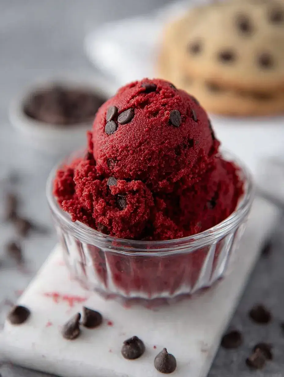 A bowl of vibrant Red Velvet Edible Cookie Dough with mini chocolate chips and a spoon