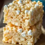 A stack of thick and gooey homemade Rice Krispie Treats on a wooden board.