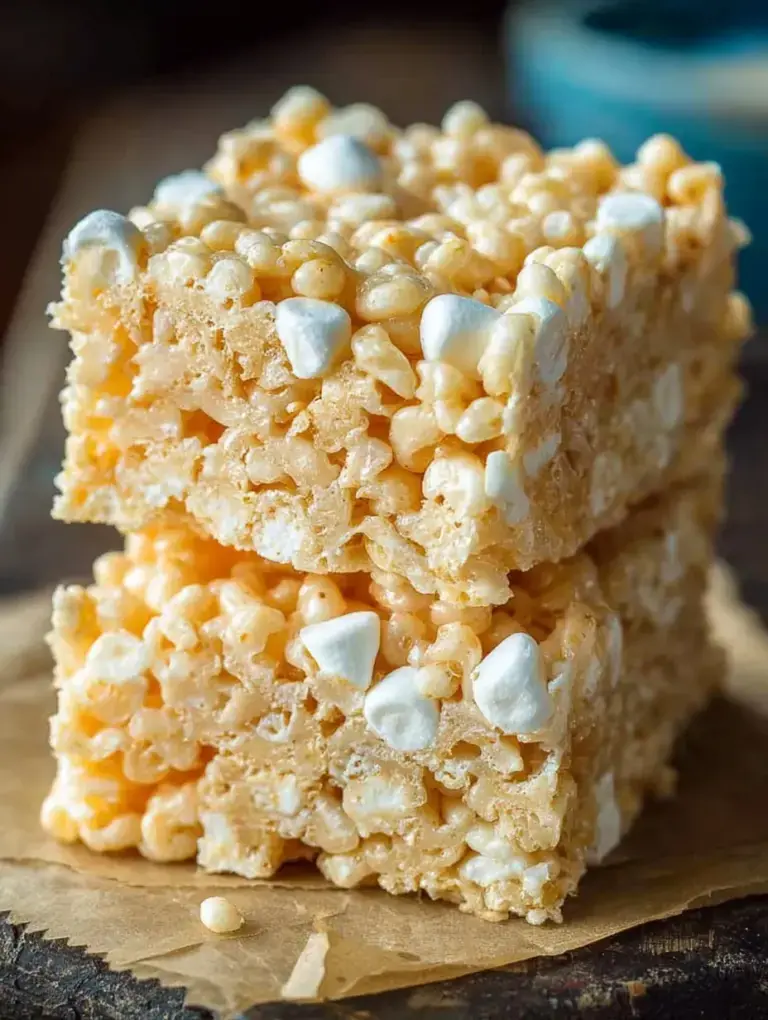 A stack of thick and gooey homemade Rice Krispie Treats on a wooden board.