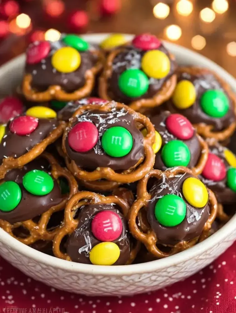 A tray of freshly made Rolo Pretzels with M&M Candies showing the melted chocolate and colorful toppers