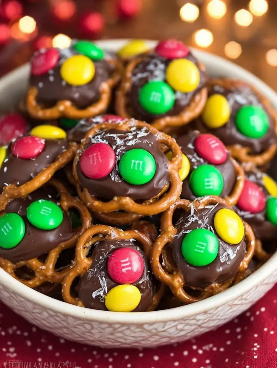 A tray of freshly made Rolo Pretzels with M&M Candies showing the melted chocolate and colorful toppers