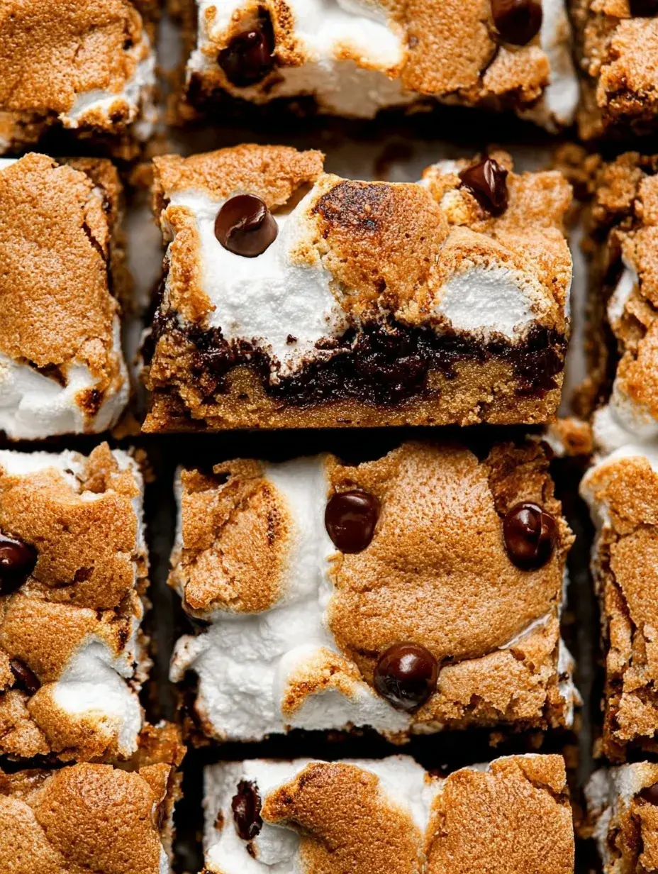 A stack of S'mores Cookie Bars showing layers of chocolate and toasted marshmallows