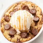 A warm Salted Caramel Chocolate Chip Cobbler in a baking dish with melted chocolate and caramel drizzle