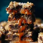 Golden brown Salted Caramel Chocolate Chip Oat Cookie Bars sliced into squares showing the gooey caramel layer
