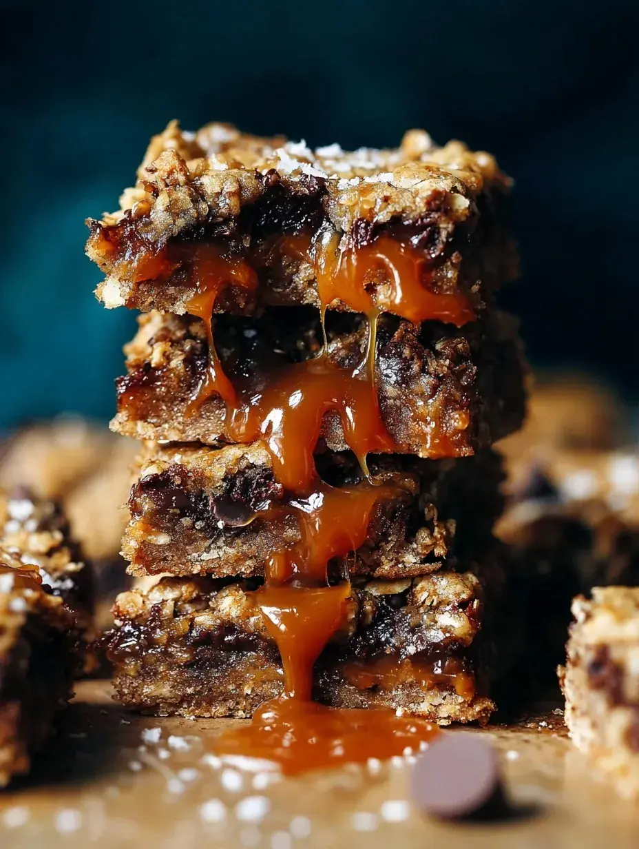 Golden brown Salted Caramel Chocolate Chip Oat Cookie Bars sliced into squares showing the gooey caramel layer