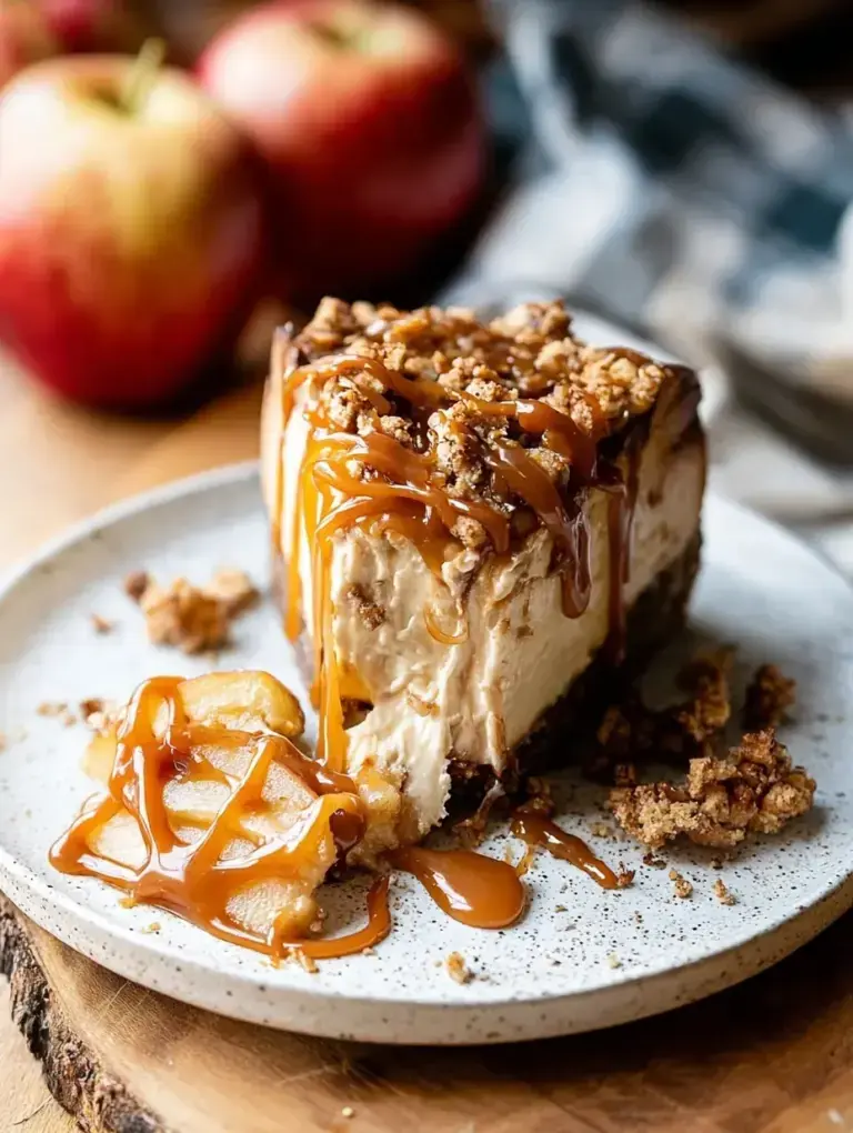 A slice of Salted Caramel Vegan Apple Crumble Cheesecake with caramel drizzle on a plate