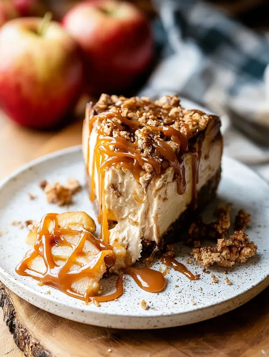 A slice of Salted Caramel Vegan Apple Crumble Cheesecake with caramel drizzle on a plate
