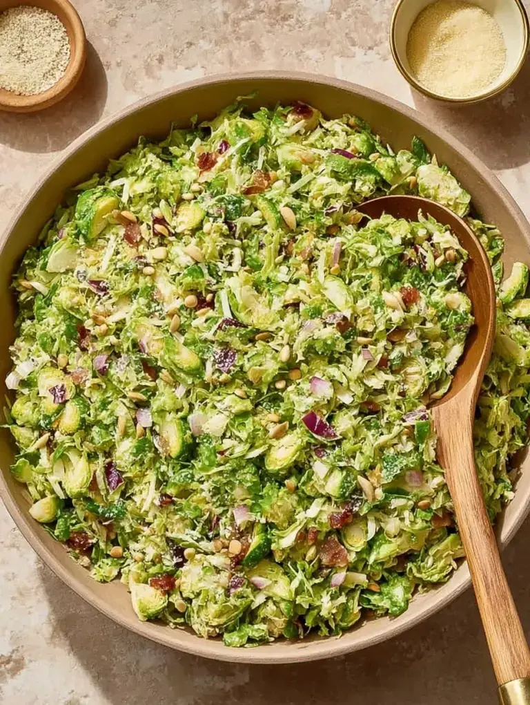 A large bowl of Shaved Brussels Sprout Salad topped with grated cheese and walnuts