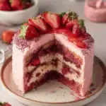 A small 6-inch vegan strawberry cake with a soft pink crumb on a wire cooling rack.
