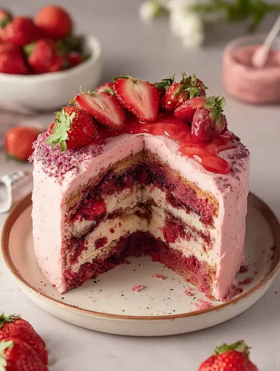 A small 6-inch vegan strawberry cake with a soft pink crumb on a wire cooling rack.