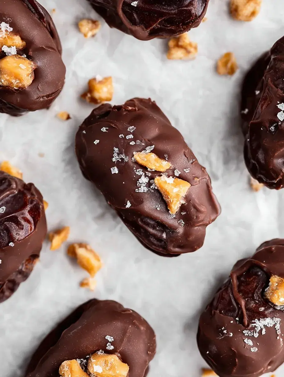 A tray of chocolate-covered Snickers Dates topped with sea salt and whole peanuts.