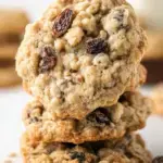 A stack of freshly baked Soft and Chewy Oatmeal Raisin Cookies on a parchment-lined baking sheet