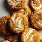 A stack of Soft & Chewy Vegan Pumpkin Cheesecake Cookies on a wooden board showing the creamy center