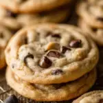 A stack of freshly baked Soft Chocolate Chip Cookies on a cooling rack in a cozy kitchen setting