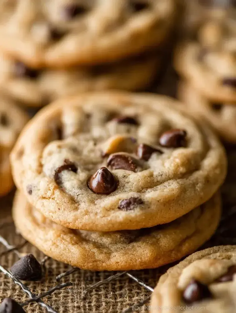 A stack of freshly baked Soft Chocolate Chip Cookies on a cooling rack in a cozy kitchen setting
