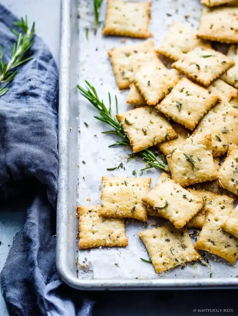 Homemade Sourdough Discard Crackers with flaky salt on a baking sheet