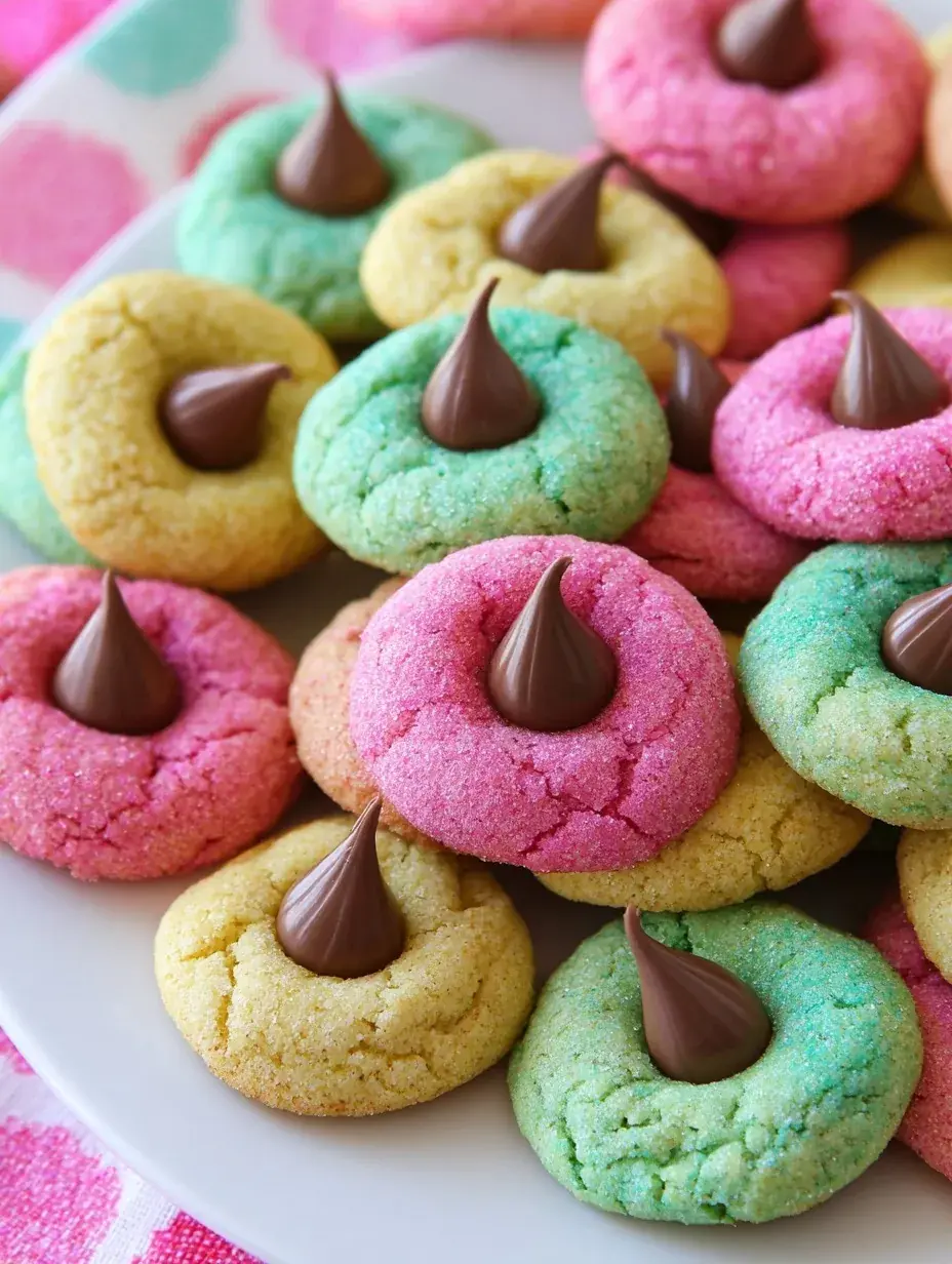A batch of Spring Blossom Cookies coated in pink and blue sugar with chocolate kisses on top.