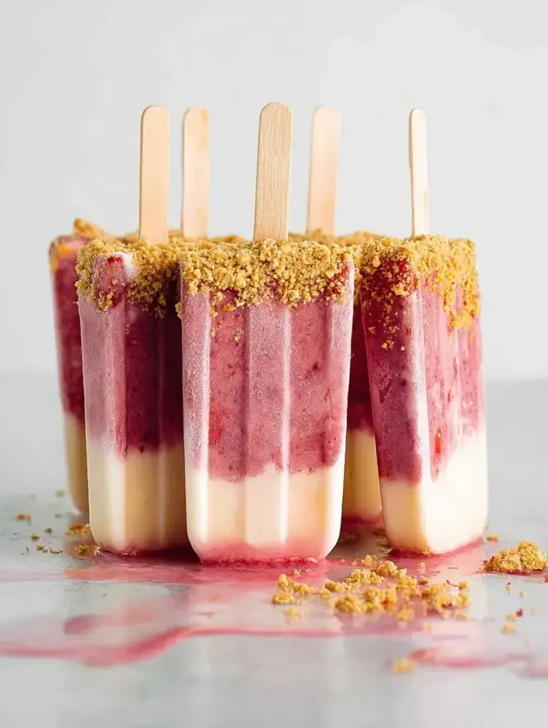 Homemade Strawberry Cheesecake Popsicles with red fruit swirls and graham cracker crumbs