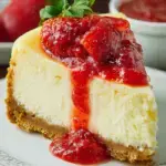 A slice of Classic Strawberry Cheesecake topped with fresh red strawberry glaze and berries.