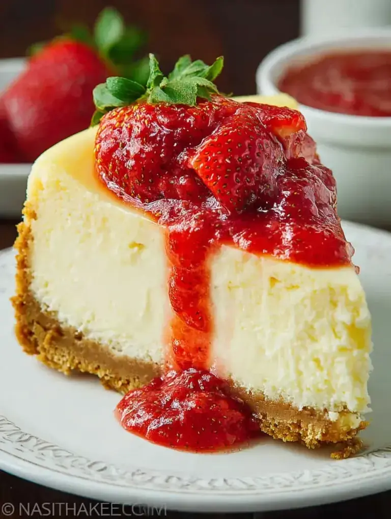 A slice of Classic Strawberry Cheesecake topped with fresh red strawberry glaze and berries.