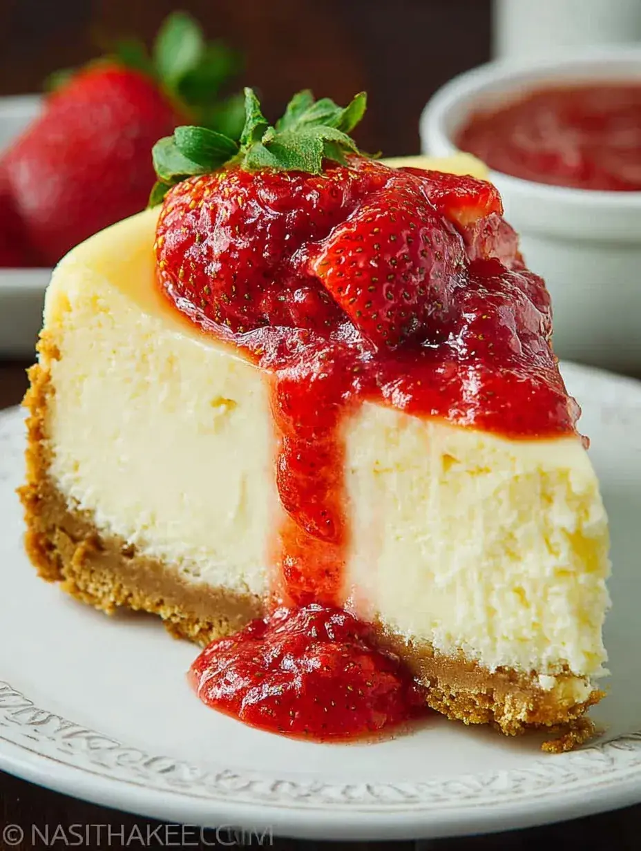 A slice of Classic Strawberry Cheesecake topped with fresh red strawberry glaze and berries.