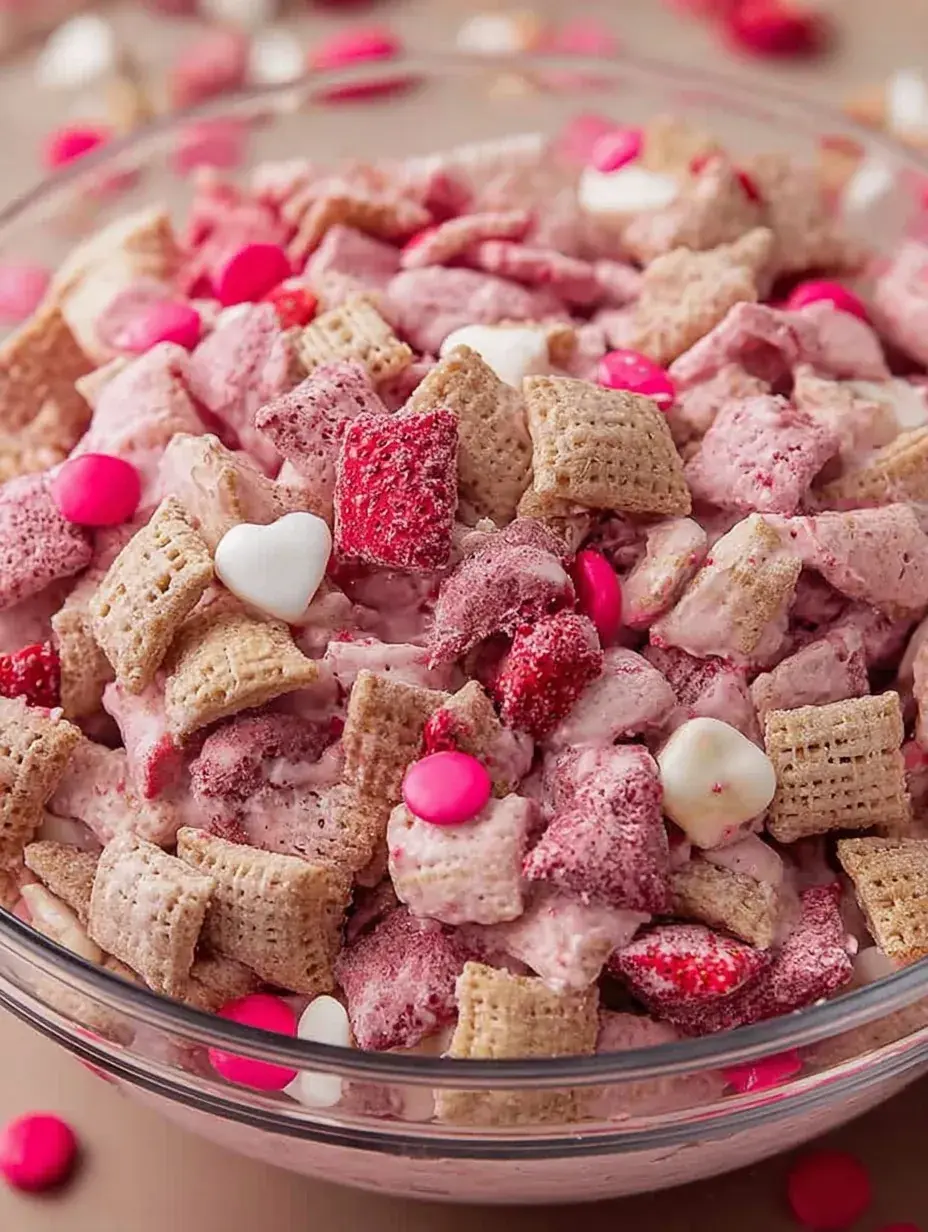 A large bowl of pink Strawberry Chex Mix topped with freeze-dried strawberry slices