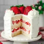 A beautiful layered Strawberry Cream Cake topped with fresh berries and whipped cream