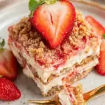 A layered Strawberry Cream Cheese Icebox Cake in a glass dish showing graham crackers and fresh strawberries.