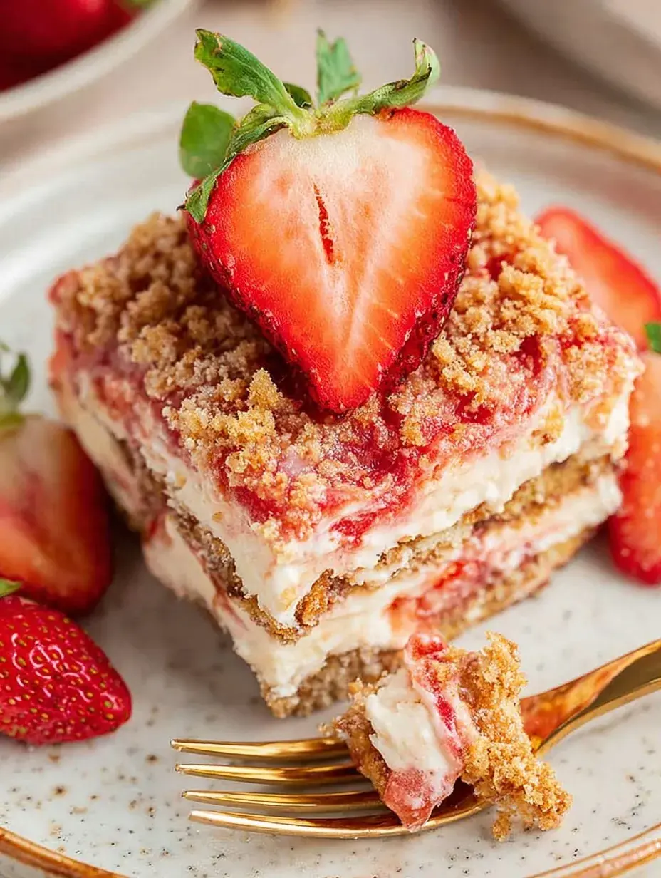 A layered Strawberry Cream Cheese Icebox Cake in a glass dish showing graham crackers and fresh strawberries.