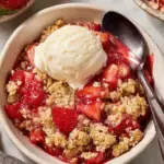 A golden brown Strawberry Crumble in a baking dish with bubbling red fruit filling