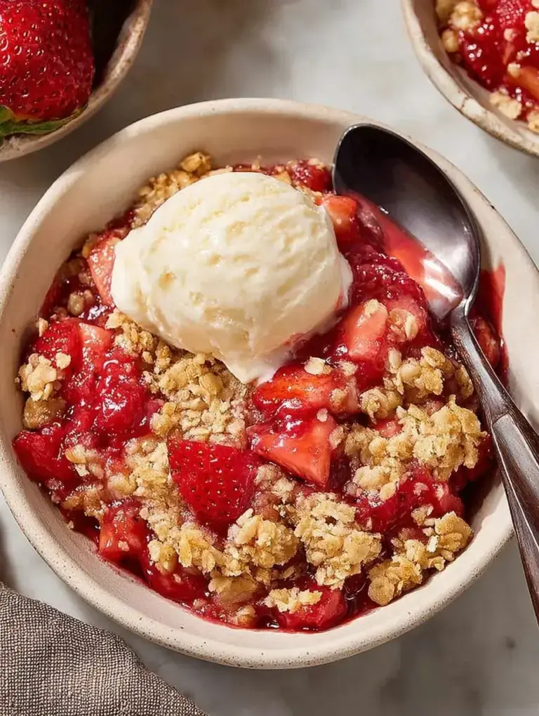 A golden brown Strawberry Crumble in a baking dish with bubbling red fruit filling