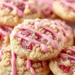 A stack of pink Strawberry Crunch Cookies with golden crumble coating on a wire rack.