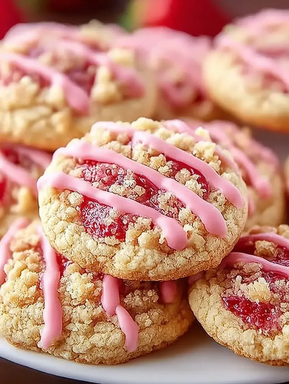 A stack of pink Strawberry Crunch Cookies with golden crumble coating on a wire rack.