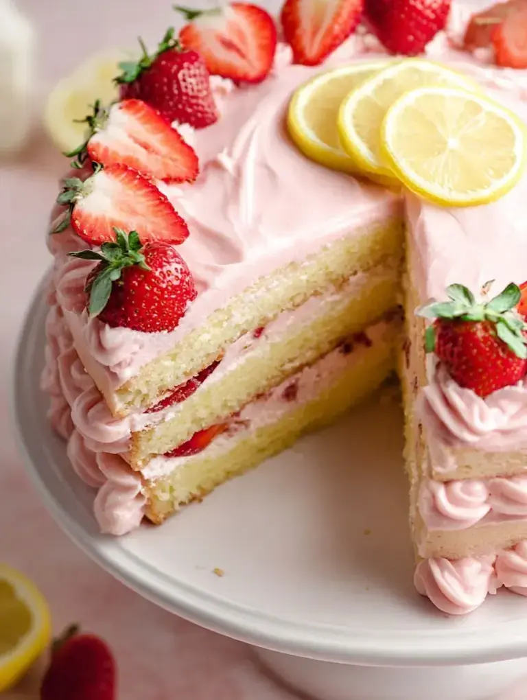 A double layer Strawberry Lemon Cake topped with fresh berries and lemon zest