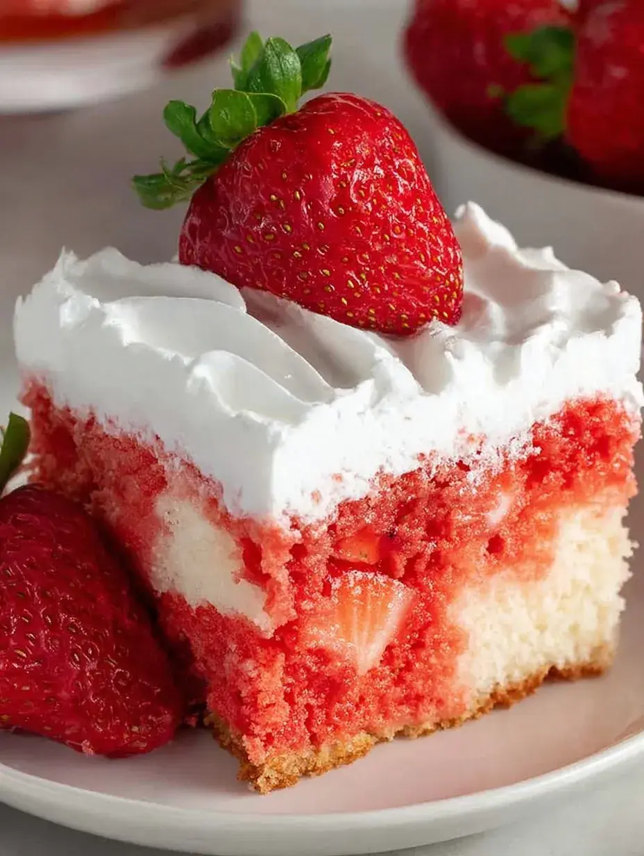 A slice of Strawberry Poke Cake with fresh strawberry slices on top and white whipped frosting.