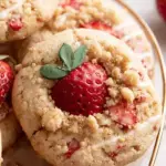 A plate of golden Strawberry Shortcake Cookies filled with fresh berries and white chocolate chips.